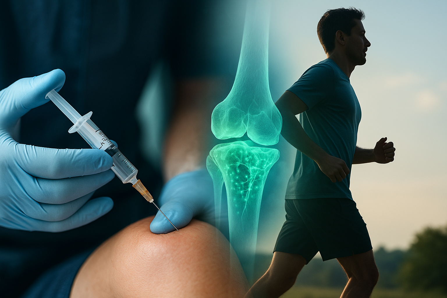 Syringe injecting regenerative medicine into knee joint alongside a runner symbolizing improved mobility and pain relief from early intervention.