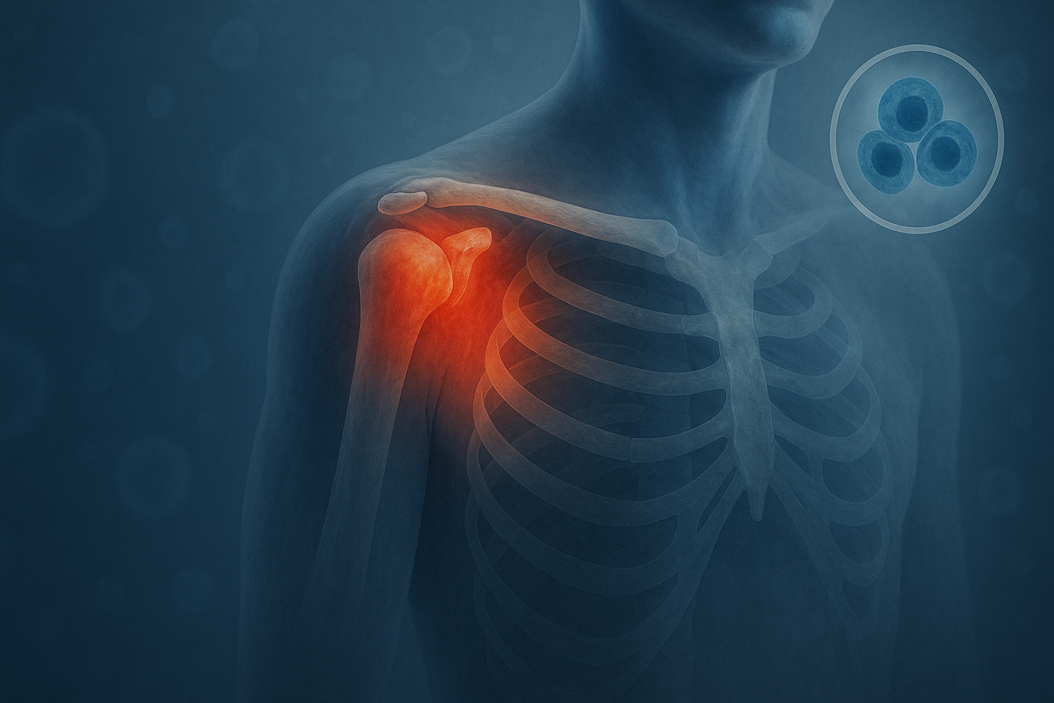 Illustration of a human shoulder with highlighted pain area, representing shoulder pain management through regenerative medicine, featuring cells in a circle indicating healing potential.