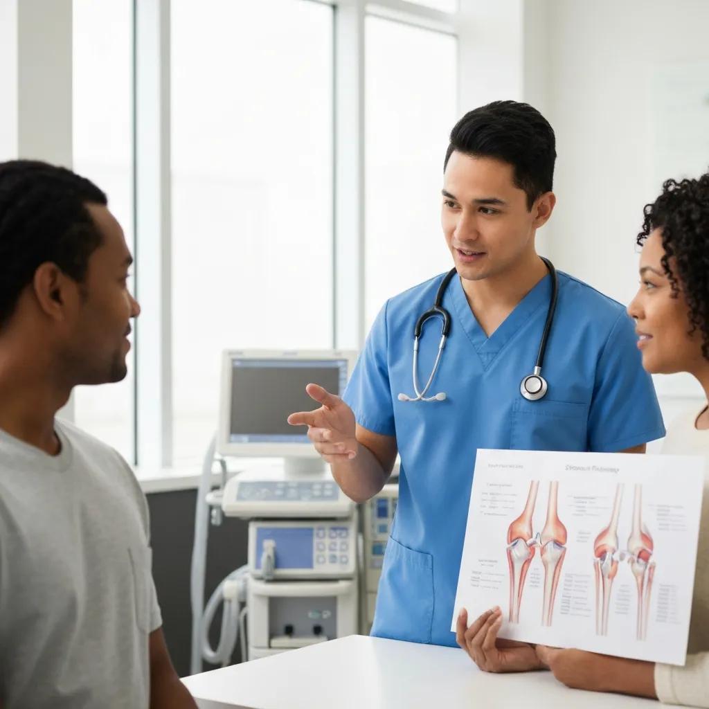 Healthcare professional explaining stem cell therapy to a patient in a modern clinic