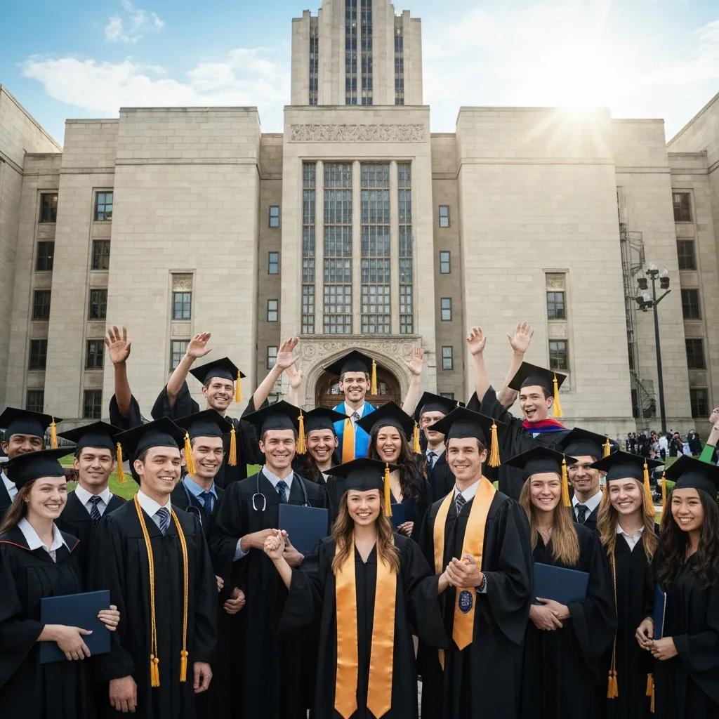 Graduating medical students celebrating at a university campus