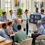 Diverse patients and healthcare professionals discussing stem cell therapy in a modern clinic