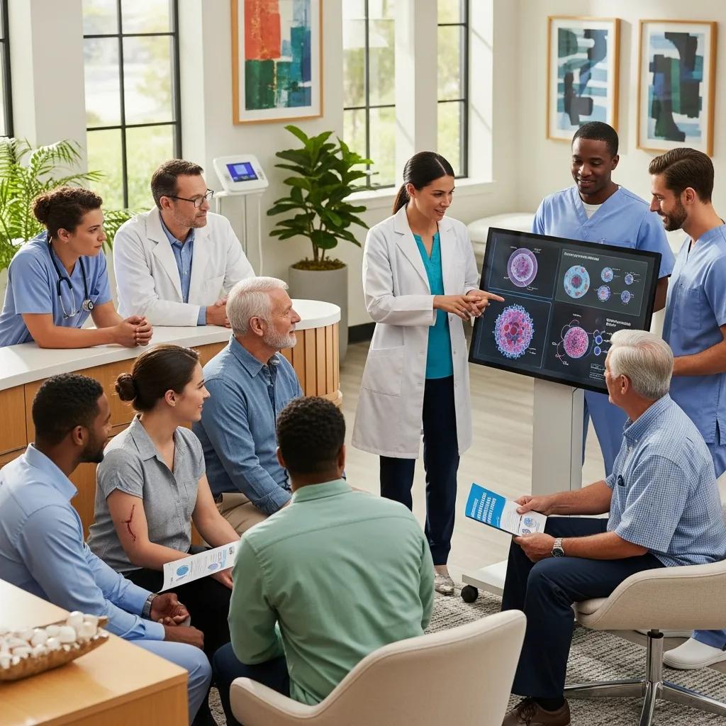 Diverse patients and healthcare professionals discussing stem cell therapy in a modern clinic