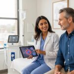 Healthcare professional explaining stem cell therapy to a patient in a clinical environment