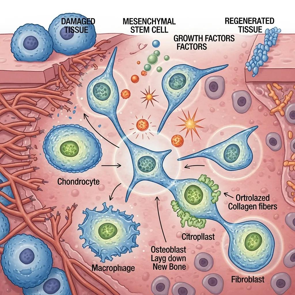 Illustration of mesenchymal stem cells aiding tissue repair and reducing inflammation