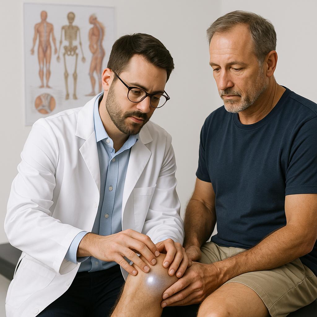 ### Key Elements

**Subjects:**
- A male doctor in a white coat
- A male patient in a navy blue t-shirt

**Objects:**
- Medical examination setting
- Patient's knee being examined

**Notable Features:**
- Anatomical chart in the background
- Doctor using a focused, professional demeanor

**Text/Symbols:**
- No visible text or symbols in the image

### Overall Mood/Theme
The image conveys a clinical and professional atmosphere, highlighting the interaction between a healthcare provider and a patient. The focused expressions suggest a serious consultation about the patient's knee, emphasizing themes of health, care, and medical attention.