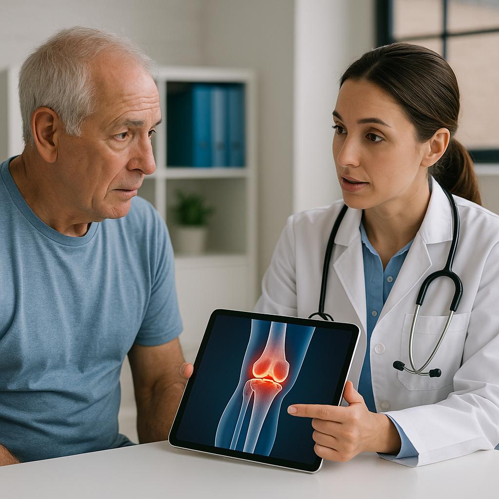 ### Main Subjects
- Doctor: A female physician in a white lab coat.
- Patient: An older male patient.

### Objects
- Tablet device: Displaying an anatomical image of a knee joint.

### Notable Features
- The anatomical image highlights an inflamed knee joint.
- The doctor appears to be explaining the condition to the patient.

### Text or Symbols
- No significant text or symbols are visible in the image.

### Overall Mood or Theme
The mood is professional and informative, focusing on a patient-doctor consultation regarding a medical issue. The interaction suggests a supportive atmosphere where the patient is engaged in understanding his health condition.